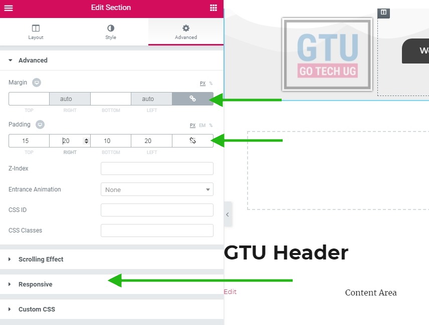 GTU Header template (settings)